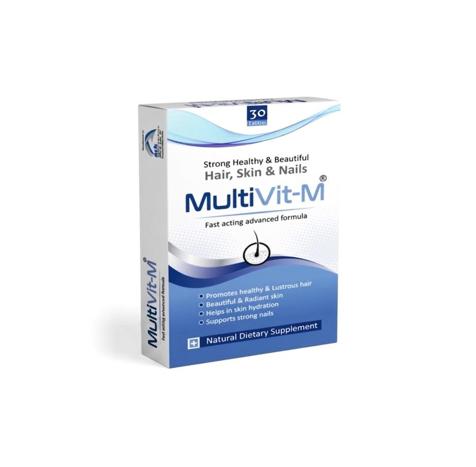 MultiVit-M MultiVit-M dietary supplement box with 30 tablets for strong healthy hair, skin, and nails.
